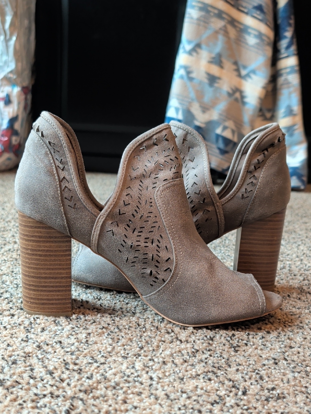 Women's Taupe Suede Peep-Toe Block Heel Booties